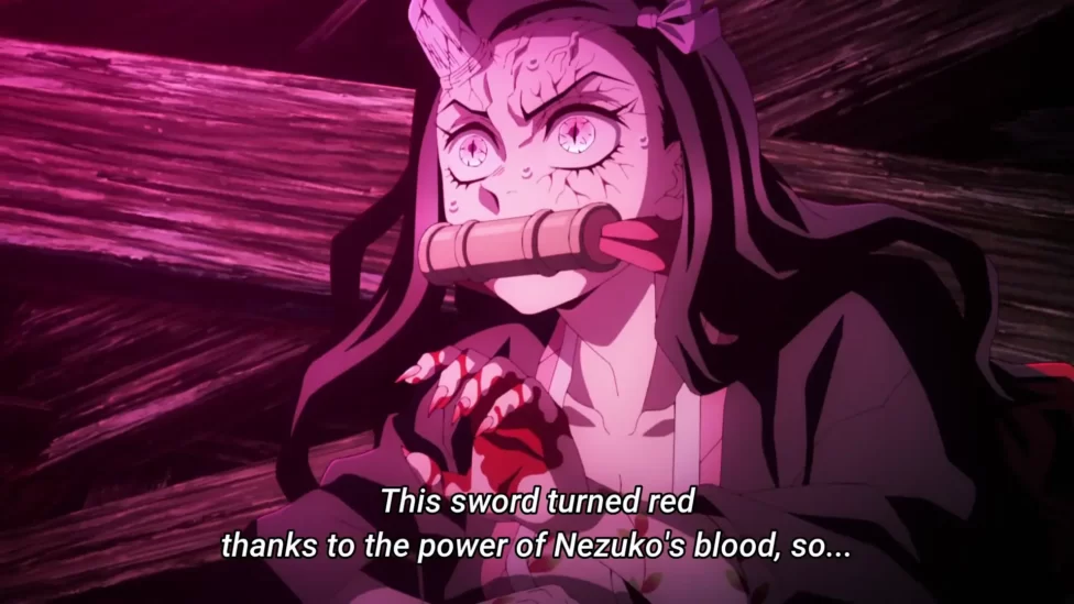 Nezuko turning tanjiro's sword red